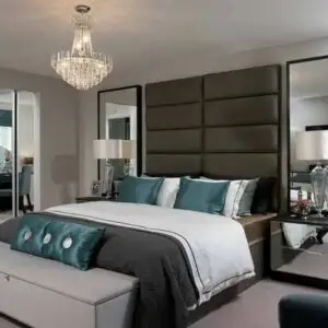 wall to wall headboard 155 x 2400,2 glasses on the side ,2 Plain big pedastals or 3 drawers pedastals, Custom base
