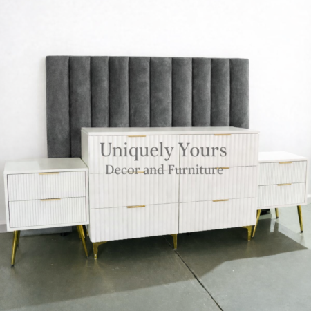 headboard, White Chest of drawers and 2 pedastals